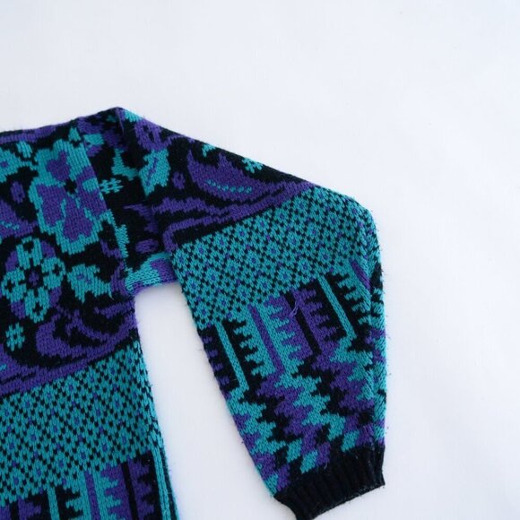 Vintage Country Concepts Black Purple Eclectic Grandma Knit Scoop Neck Sweater M - Picture 5 of 9